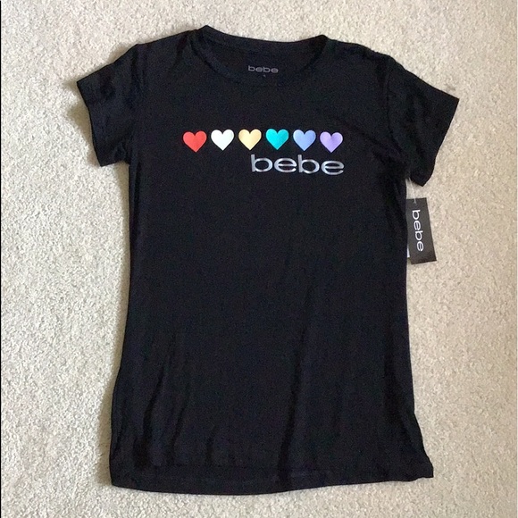 SOLD - Bebe Rainbow Hearts Logo Black Tee - NWT - Picture 3 of 11
